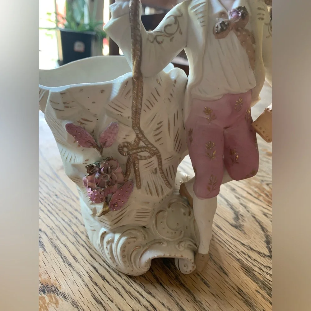 Vintage Colonial Man Spill Vase Pinks Floral Gold Trim Coquette Romantic